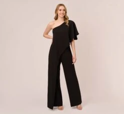 Adrianna Papell Flutter One Shoulder Jumpsuit In Black