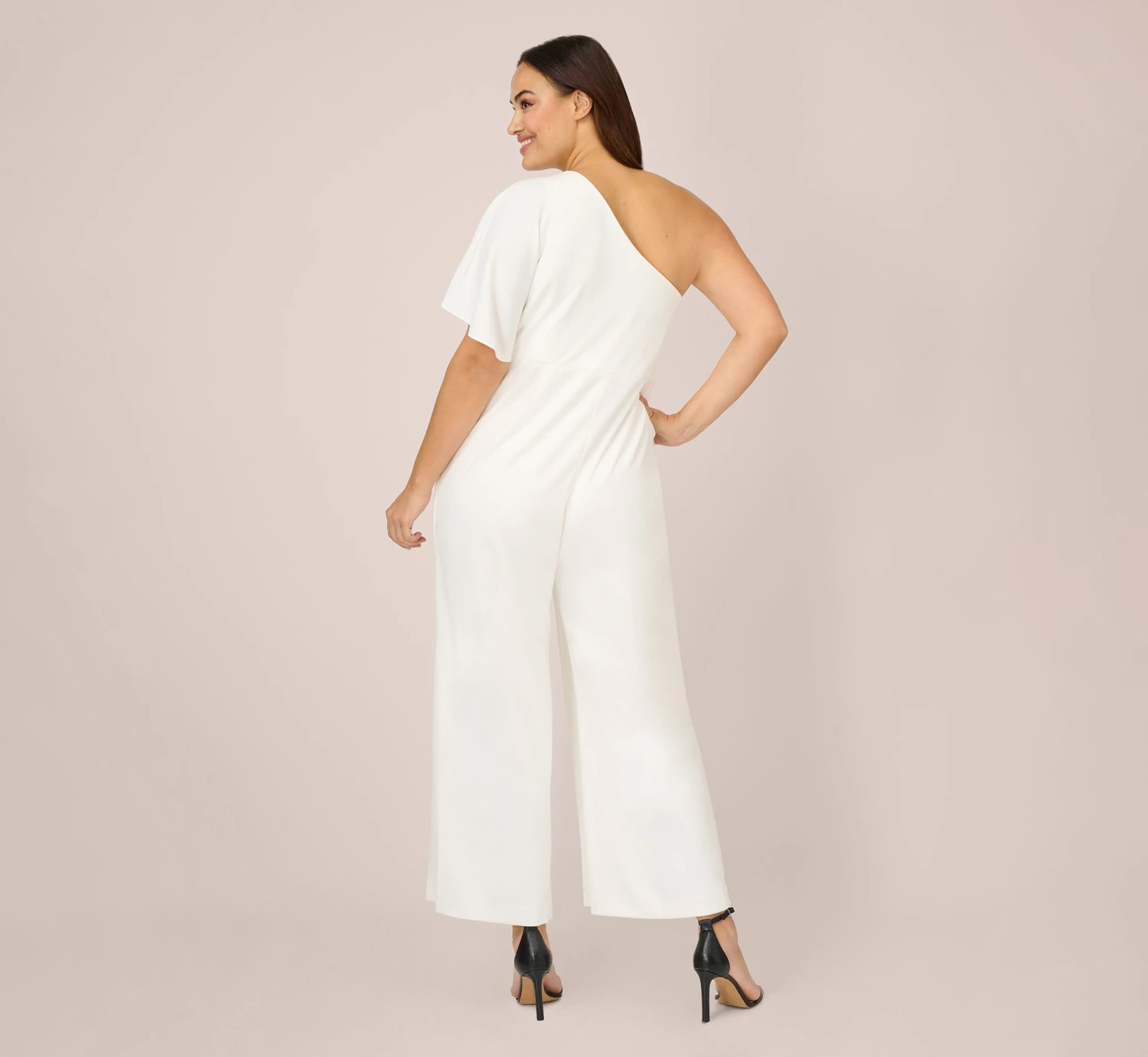Adrianna Papell Plus Size Flutter One Shoulder Jumpsuit In Ivory 4 Adrianna Papell Plus Size Flutter One Shoulder Jumpsuit In Ivory - Image 2