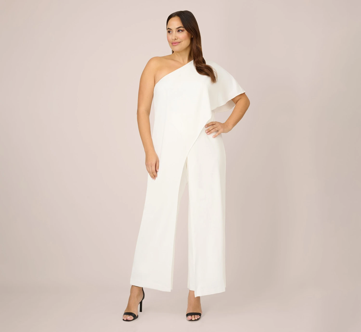 Adrianna Papell Plus Size Flutter One Shoulder Jumpsuit In Ivory 3 Adrianna Papell Plus Size Flutter One Shoulder Jumpsuit In Ivory