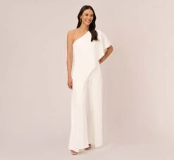 Adrianna Papell Flutter One Shoulder Jumpsuit In Ivory
