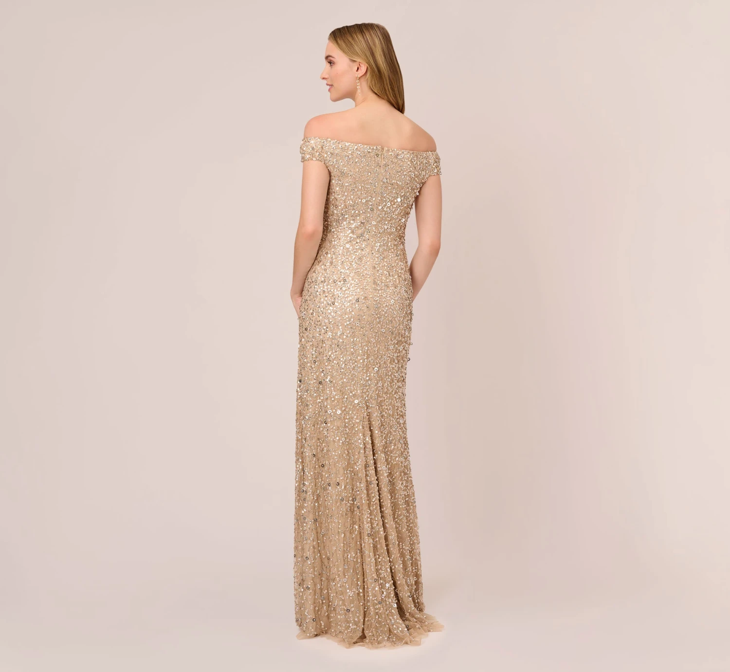 Adrianna Papell Off The Shoulder Sequin Beaded Gown In Champagne 6 Adrianna Papell Off The Shoulder Sequin Beaded Gown In Champagne - Image 4
