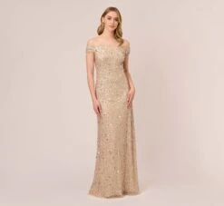 Adrianna Papell Off The Shoulder Sequin Beaded Gown In Champagne