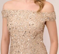 Adrianna Papell Off The Shoulder Sequin Beaded Gown In Champagne 11 Adrianna Papell Off The Shoulder Sequin Beaded Gown In Champagne -Adrianna Papell Shop AP1E201971 AB273 Regular Detail