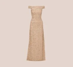 Adrianna Papell Off The Shoulder Sequin Beaded Gown In Champagne 15 Adrianna Papell Off The Shoulder Sequin Beaded Gown In Champagne -Adrianna Papell Shop AP1E201971 AB273 Regular Flat