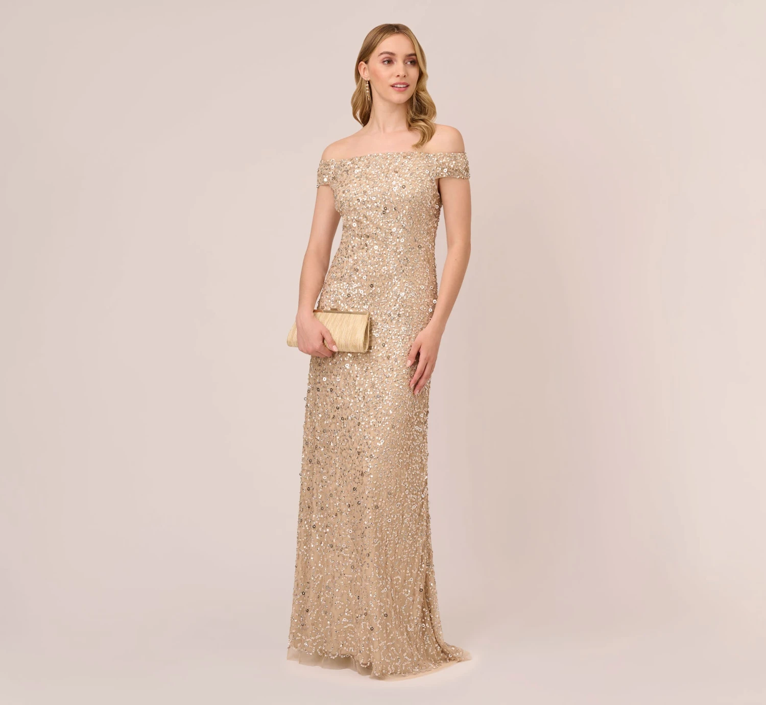 Adrianna Papell Off The Shoulder Sequin Beaded Gown In Champagne 4 Adrianna Papell Off The Shoulder Sequin Beaded Gown In Champagne - Image 2