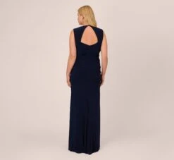 Adrianna Papell Plus Size Draped Jersey Gown With Open Back In Midnight -Adrianna Papell Shop AP1E202255 AB411 Plus Back