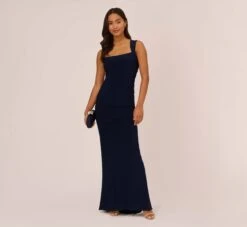 Adrianna Papell Draped Jersey Gown With Open Back In Midnight
