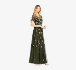 Adrianna Papell Floral Sequin Boho Gown With Lace Up Flutter Short Sleeves In Olive