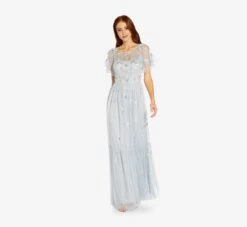 Adrianna Papell Floral Sequin Boho Gown With Lace Up Flutter Short Sleeves In Glacier 8 Adrianna Papell Floral Sequin Boho Gown With Lace Up Flutter Short Sleeves In Glacier -Adrianna Papell Shop AP1E202943 AF482 Regular Alternate