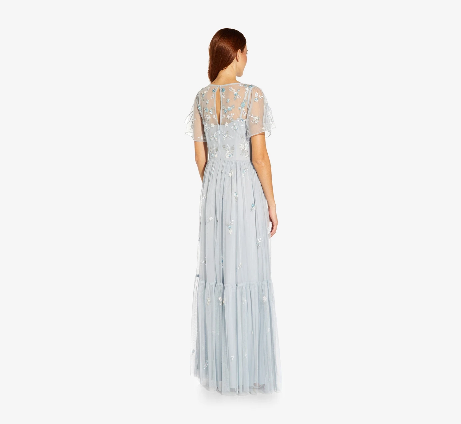 Adrianna Papell Floral Sequin Boho Gown With Lace Up Flutter Short Sleeves In Glacier 4 Adrianna Papell Floral Sequin Boho Gown With Lace Up Flutter Short Sleeves In Glacier - Image 2