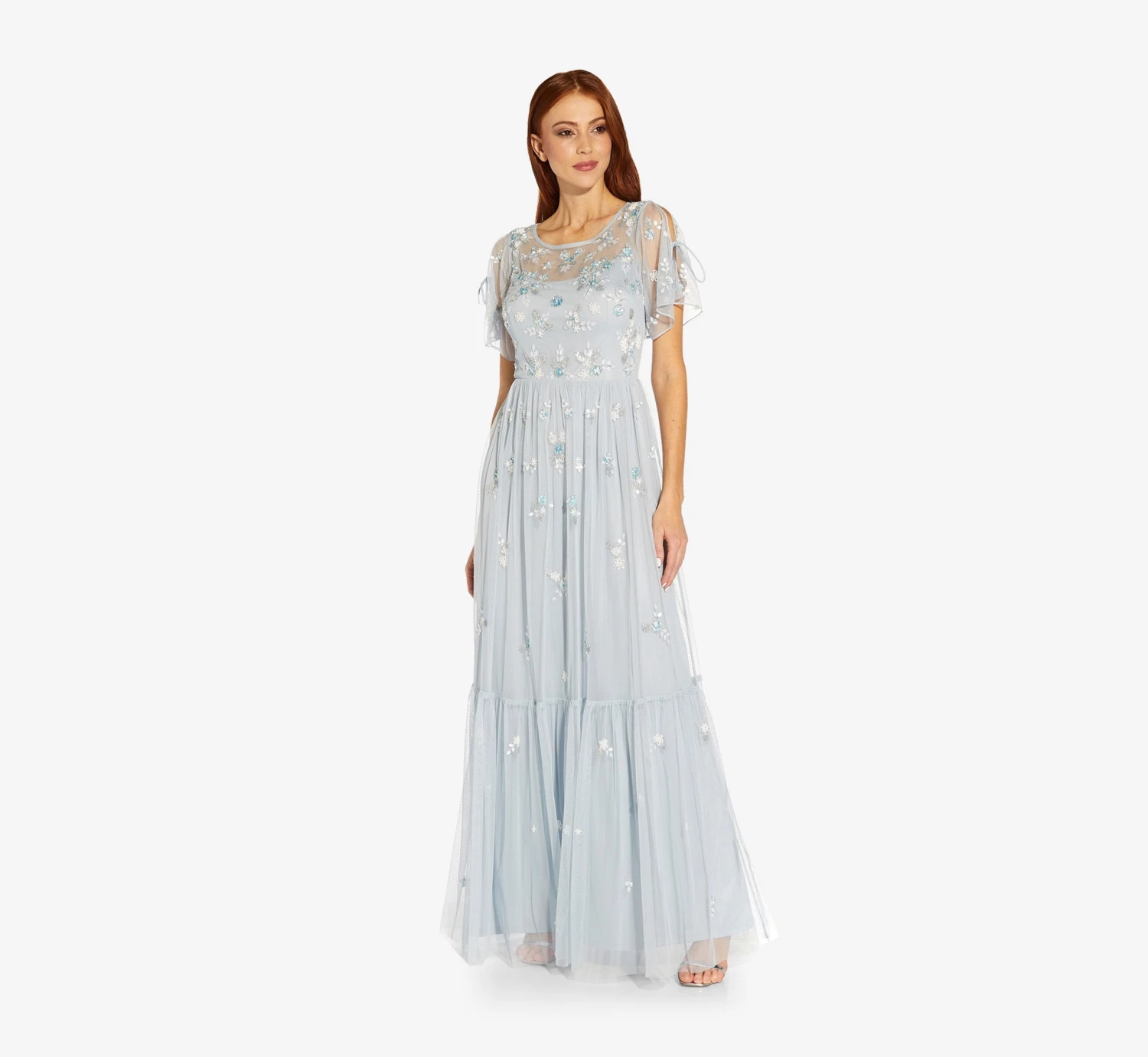 Adrianna Papell Floral Sequin Boho Gown With Lace Up Flutter Short Sleeves In Glacier 3 Adrianna Papell Floral Sequin Boho Gown With Lace Up Flutter Short Sleeves In Glacier
