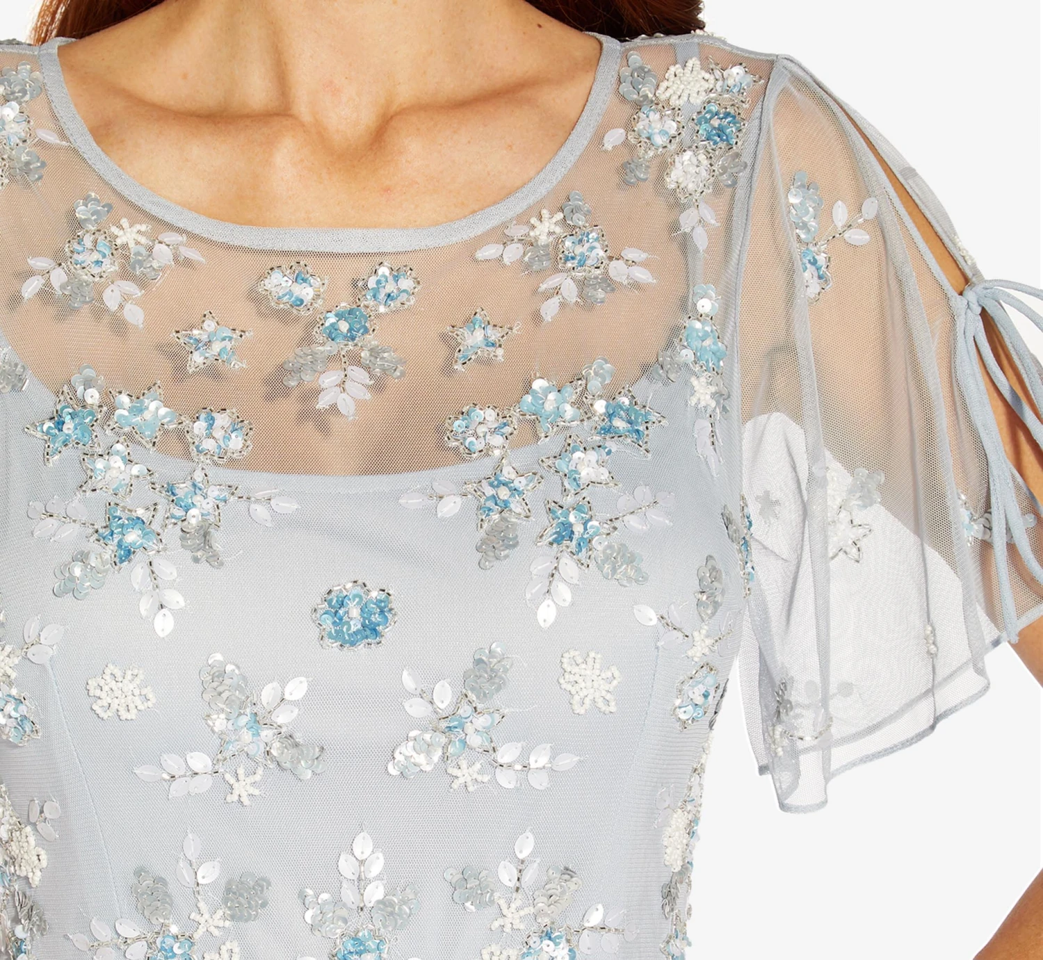 Adrianna Papell Floral Sequin Boho Gown With Lace Up Flutter Short Sleeves In Glacier 6 Adrianna Papell Floral Sequin Boho Gown With Lace Up Flutter Short Sleeves In Glacier - Image 4