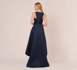 Adrianna Papell High Low Mikado Gown With Asymmetrical Detail In Midnight -Adrianna Papell Shop AP1E204122 AB411 Regular Back