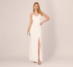 Adrianna Papell Draped Matte Jersey Gown With Deep Slit And Spaghetti Straps In Ivory -Adrianna Papell Shop AP1E204233 AB194 Regular Side