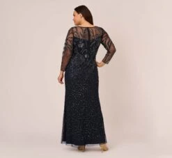 Adrianna Papell Plus Size Floral Beaded Dress With Sheer Long Sleeves In Midnight 10 Adrianna Papell Plus Size Floral Beaded Dress With Sheer Long Sleeves In Midnight -Adrianna Papell Shop AP1E205390 AB411 Plus Back