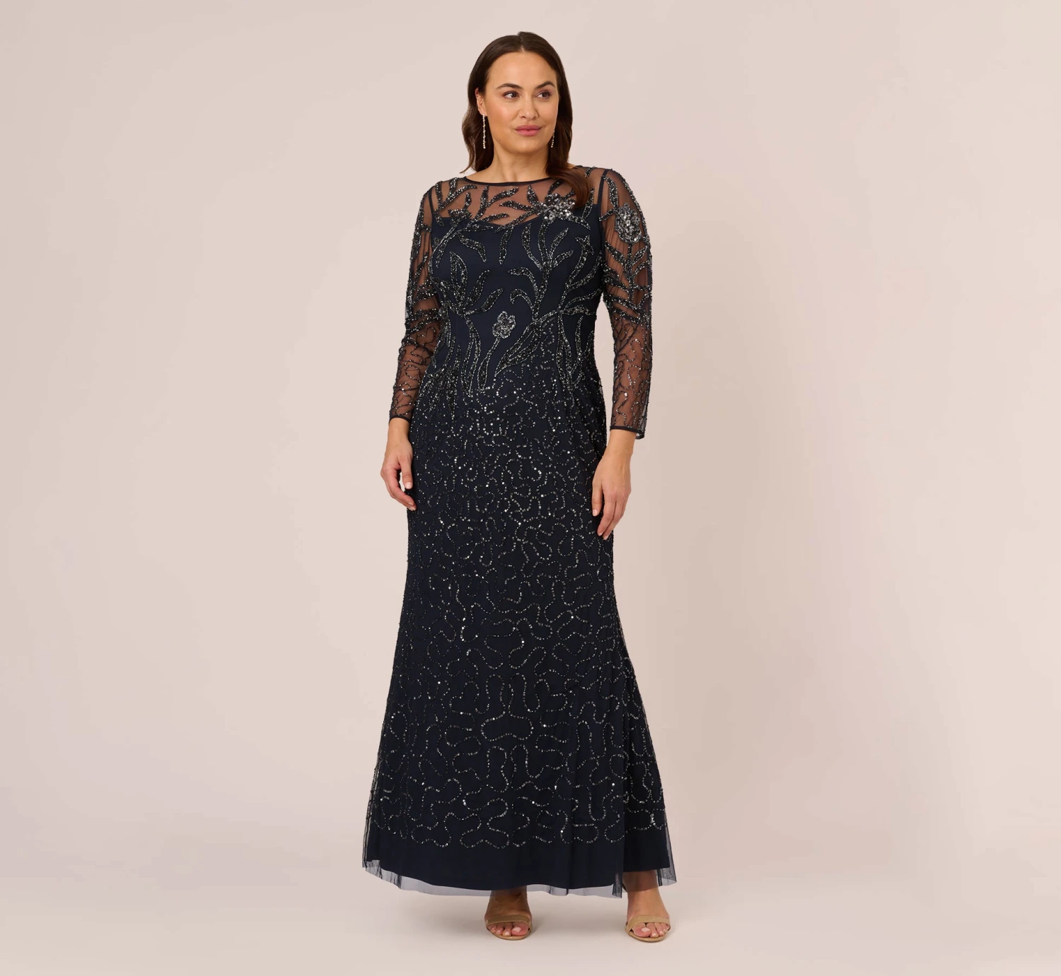 Adrianna Papell Plus Size Floral Beaded Dress With Sheer Long Sleeves In Midnight 3 Adrianna Papell Plus Size Floral Beaded Dress With Sheer Long Sleeves In Midnight