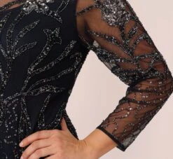 Adrianna Papell Plus Size Floral Beaded Dress With Sheer Long Sleeves In Midnight 11 Adrianna Papell Plus Size Floral Beaded Dress With Sheer Long Sleeves In Midnight -Adrianna Papell Shop AP1E205390 AB411 Plus Detail