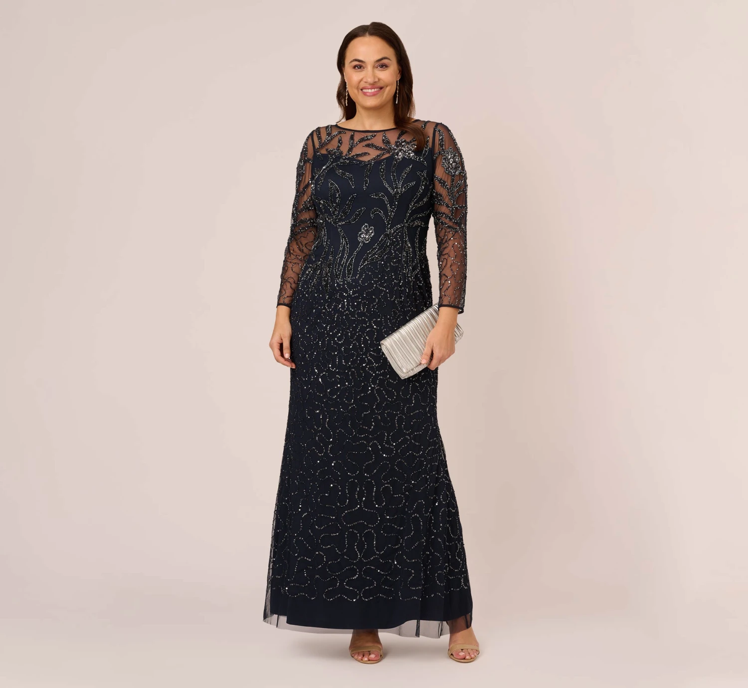 Adrianna Papell Plus Size Floral Beaded Dress With Sheer Long Sleeves In Midnight 4 Adrianna Papell Plus Size Floral Beaded Dress With Sheer Long Sleeves In Midnight - Image 2
