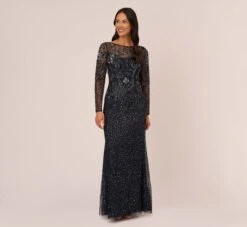 Adrianna Papell Floral Beaded Dress With Sheer Long Sleeves In Midnight