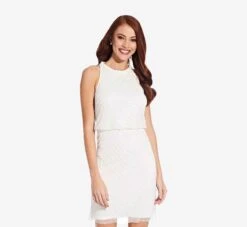 Adrianna Papell Art Deco Cocktail Dress With Halter Neck In Ivory