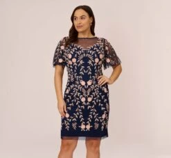 Adrianna Papell Plus Size Floral Beaded Dress With Sheer Flutter Sleeves In Navy Blush