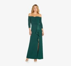 Adrianna Papell Off The Shoulder Dress With Cascading Ruffle Detail In Dusty Emerald