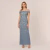 Adrianna Papell Off Shoulder Dress With Floral Embellishment In Vintage Blue 1 Adrianna Papell Off Shoulder Dress With Floral Embellishment In Vintage Blue -Adrianna Papell Shop AP1E207584 AC466 Regular Default