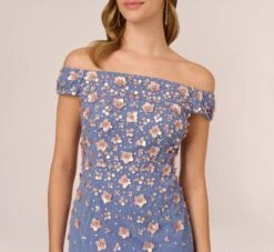Adrianna Papell Off Shoulder Dress With Floral Embellishment In French Blue Coral -Adrianna Papell Shop AP1E207584 AK454 Regular Detail