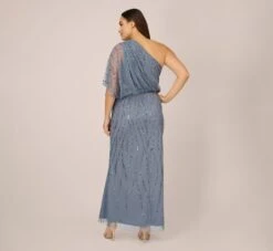 Adrianna Papell Plus Size Draped One Shoulder Dress With Sequin Detail In Dusty Blue 8 Adrianna Papell Plus Size Draped One Shoulder Dress With Sequin Detail In Dusty Blue -Adrianna Papell Shop AP1E207598 AA463 Plus Back