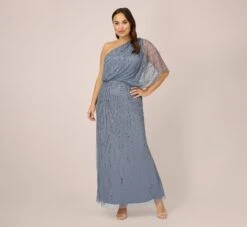 Adrianna Papell Plus Size Draped One Shoulder Dress With Sequin Detail In Dusty Blue