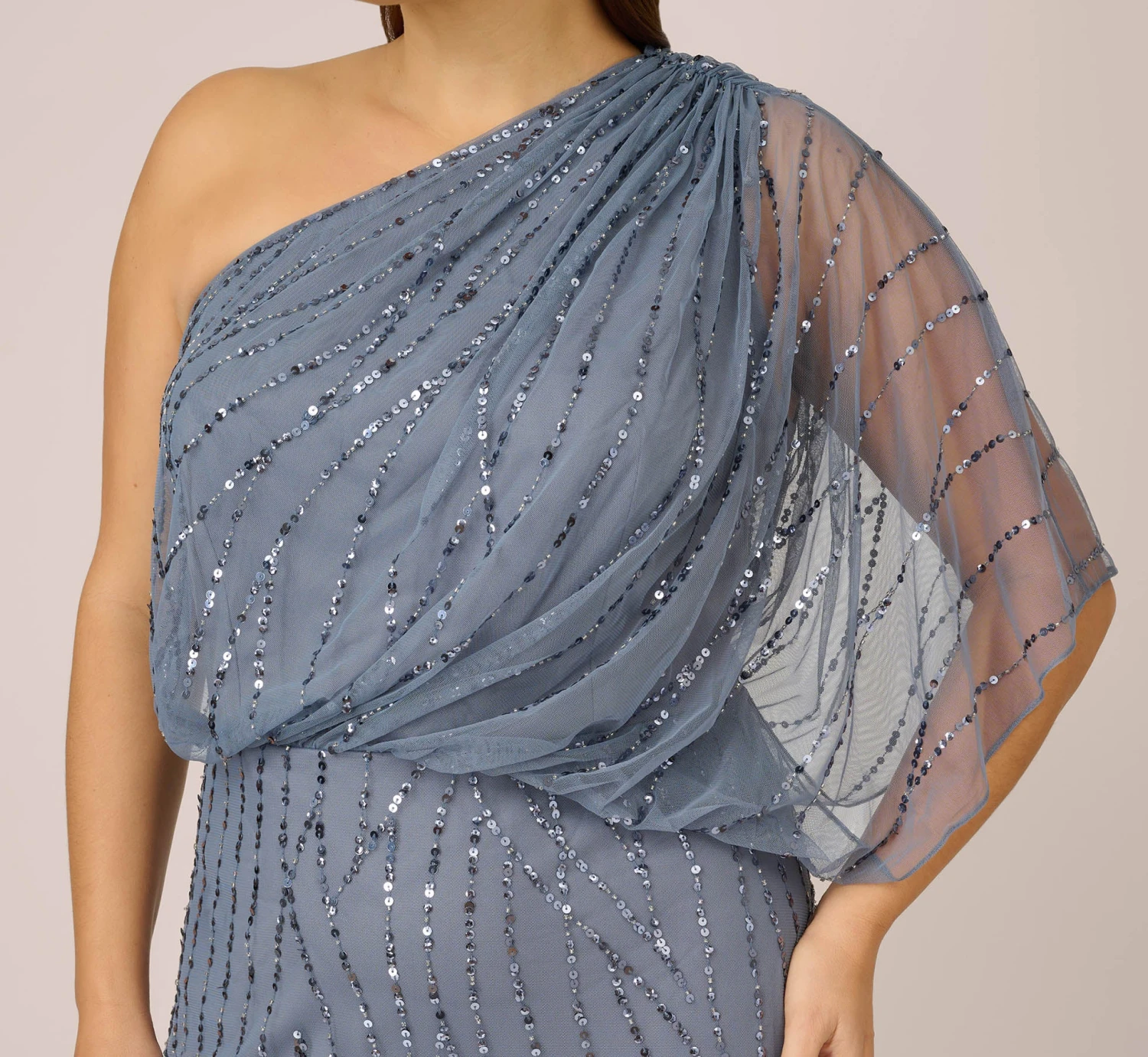 Adrianna Papell Plus Size Draped One Shoulder Dress With Sequin Detail In Dusty Blue 4 Adrianna Papell Plus Size Draped One Shoulder Dress With Sequin Detail In Dusty Blue - Image 2