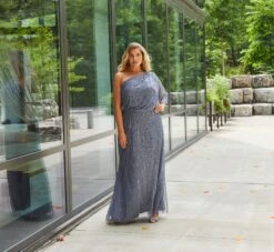 Adrianna Papell Plus Size Draped One Shoulder Dress With Sequin Detail In Dusty Blue 9 Adrianna Papell Plus Size Draped One Shoulder Dress With Sequin Detail In Dusty Blue -Adrianna Papell Shop AP1E207598 AA463 Plus Lifestyle