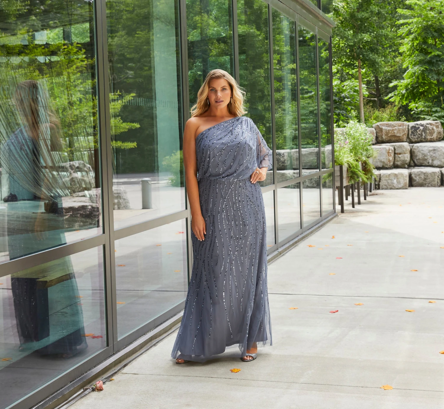 Adrianna Papell Plus Size Draped One Shoulder Dress With Sequin Detail In Dusty Blue 6 Adrianna Papell Plus Size Draped One Shoulder Dress With Sequin Detail In Dusty Blue - Image 4