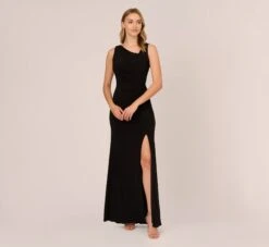 Adrianna Papell Hand-Sequined Ruched Long Jersey Gown In Black