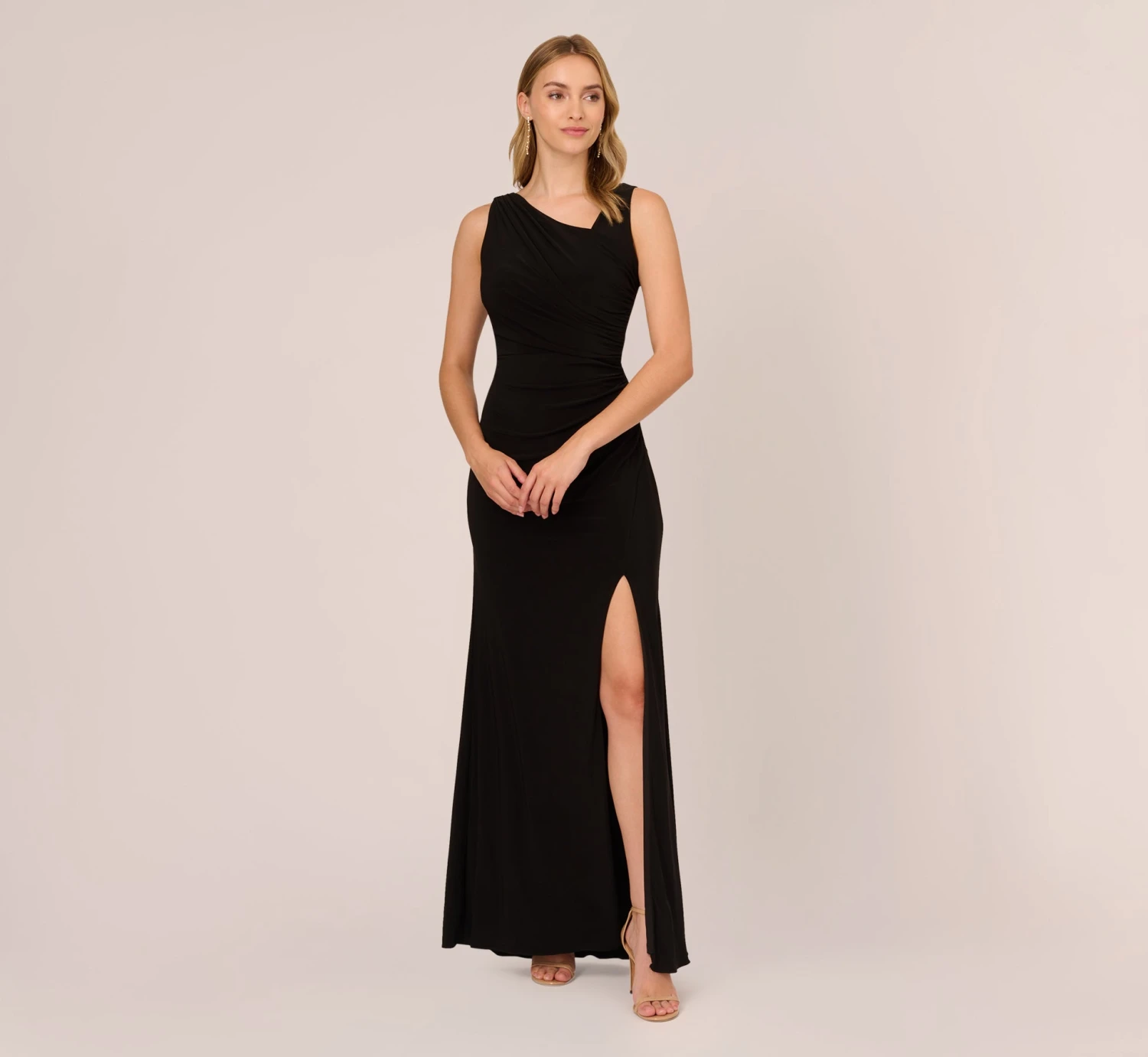 Adrianna Papell Hand-Sequined Ruched Long Jersey Gown In Black 3 Adrianna Papell Hand-Sequined Ruched Long Jersey Gown In Black