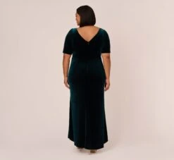 Adrianna Papell Plus Size Shirred Velvet Gown With Elbow-Length Sleeves In Emerald -Adrianna Papell Shop AP1E208255 AA321 Plus Back
