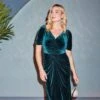 Adrianna Papell Plus Size Shirred Velvet Gown With Elbow-Length Sleeves In Emerald
