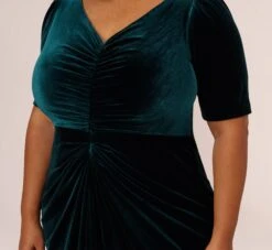 Adrianna Papell Plus Size Shirred Velvet Gown With Elbow-Length Sleeves In Emerald -Adrianna Papell Shop AP1E208255 AA321 Plus Detail