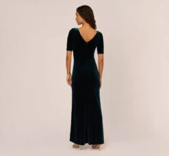 Adrianna Papell Shirred Velvet Gown With Elbow-Length Sleeves In Emerald -Adrianna Papell Shop AP1E208255 AA321 Regular Back