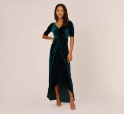 Adrianna Papell Shirred Velvet Gown With Elbow-Length Sleeves In Emerald
