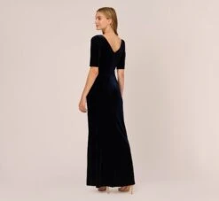 Adrianna Papell Shirred Velvet Gown With Elbow-Length Sleeves In Midnight 12 Adrianna Papell Shirred Velvet Gown With Elbow-Length Sleeves In Midnight -Adrianna Papell Shop AP1E208255 AB411 Regular Back