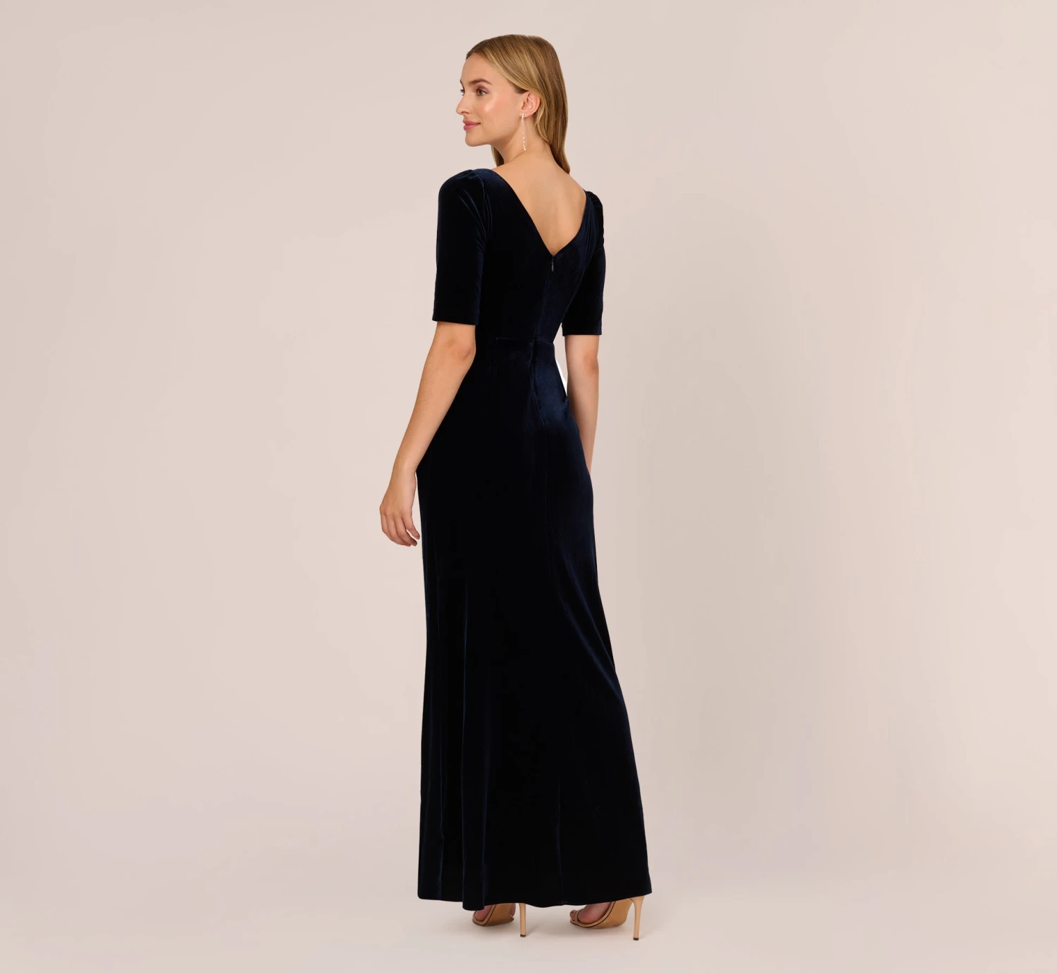 Adrianna Papell Shirred Velvet Gown With Elbow-Length Sleeves In Midnight 7 Adrianna Papell Shirred Velvet Gown With Elbow-Length Sleeves In Midnight - Image 5