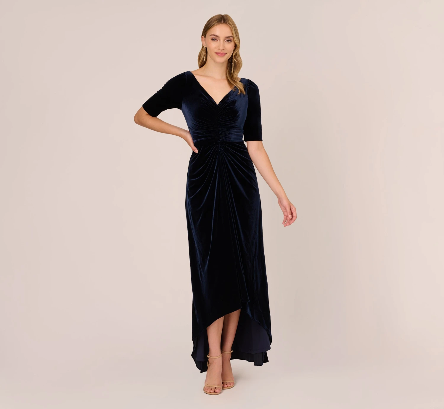 Adrianna Papell Shirred Velvet Gown With Elbow-Length Sleeves In Midnight 3 Adrianna Papell Shirred Velvet Gown With Elbow-Length Sleeves In Midnight