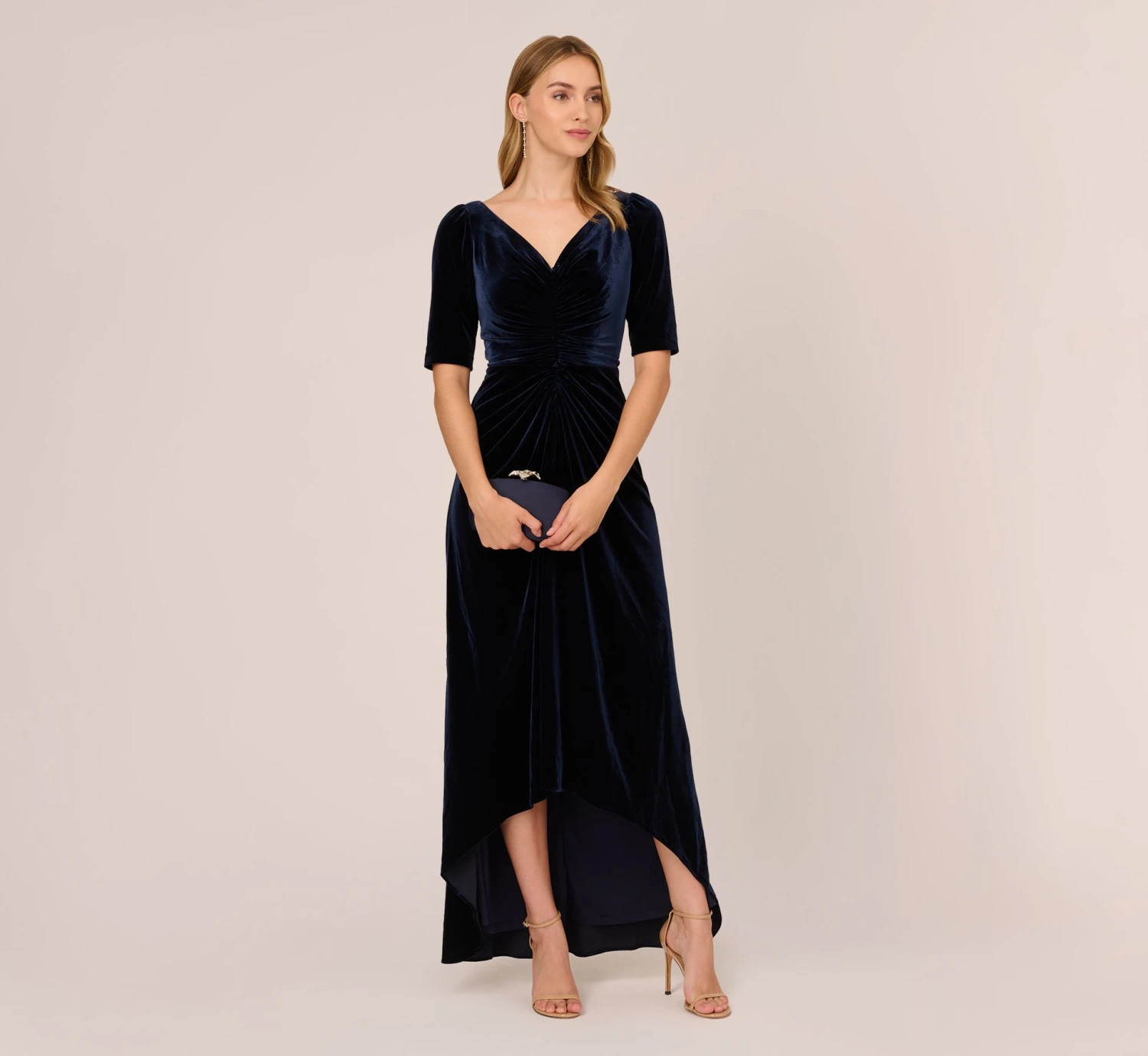 Adrianna Papell Shirred Velvet Gown With Elbow-Length Sleeves In Midnight 4 Adrianna Papell Shirred Velvet Gown With Elbow-Length Sleeves In Midnight - Image 2