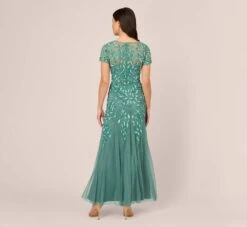 Adrianna Papell Hand Beaded Short Sleeve Floral Godet Gown In Green Slate 11 Adrianna Papell Hand Beaded Short Sleeve Floral Godet Gown In Green Slate -Adrianna Papell Shop AP1E208349 AA355 Regular Back