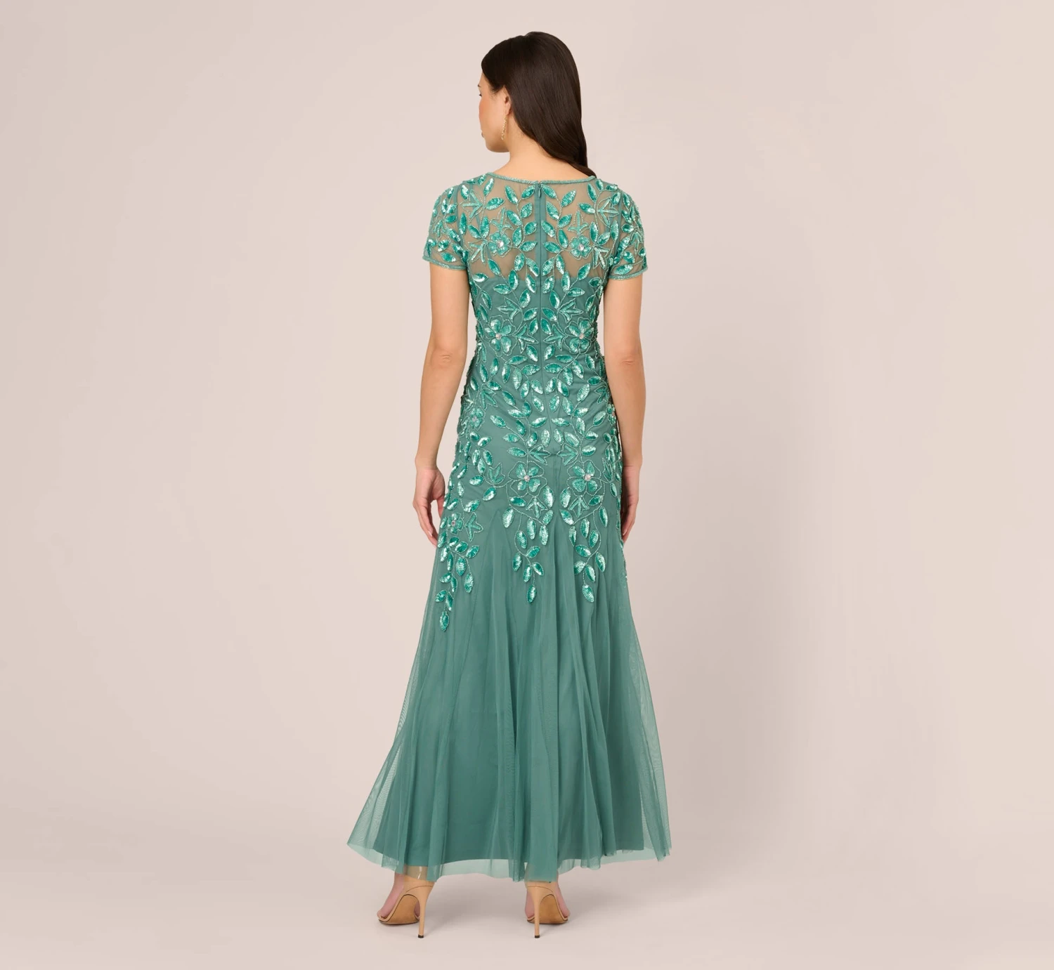 Adrianna Papell Hand Beaded Short Sleeve Floral Godet Gown In Green Slate 6 Adrianna Papell Hand Beaded Short Sleeve Floral Godet Gown In Green Slate - Image 4