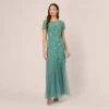 Adrianna Papell Hand Beaded Short Sleeve Floral Godet Gown In Green Slate 1 Adrianna Papell Hand Beaded Short Sleeve Floral Godet Gown In Green Slate -Adrianna Papell Shop AP1E208349 AA355 Regular Default