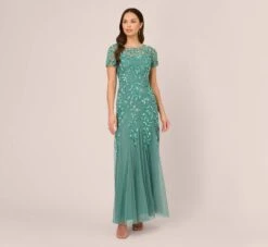 Adrianna Papell Hand Beaded Short Sleeve Floral Godet Gown In Green Slate