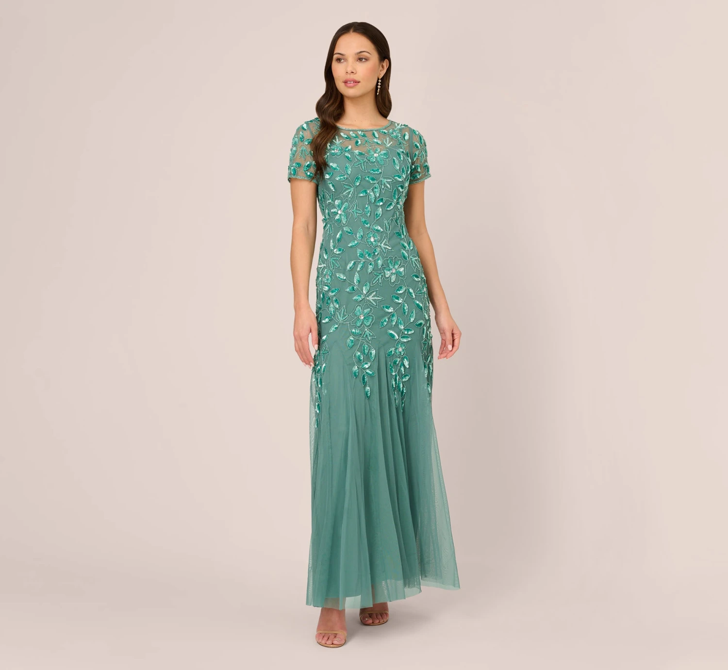 Adrianna Papell Hand Beaded Short Sleeve Floral Godet Gown In Green Slate 3 Adrianna Papell Hand Beaded Short Sleeve Floral Godet Gown In Green Slate