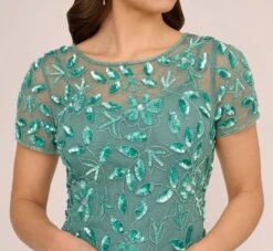 Adrianna Papell Hand Beaded Short Sleeve Floral Godet Gown In Green Slate 10 Adrianna Papell Hand Beaded Short Sleeve Floral Godet Gown In Green Slate -Adrianna Papell Shop AP1E208349 AA355 Regular Detail